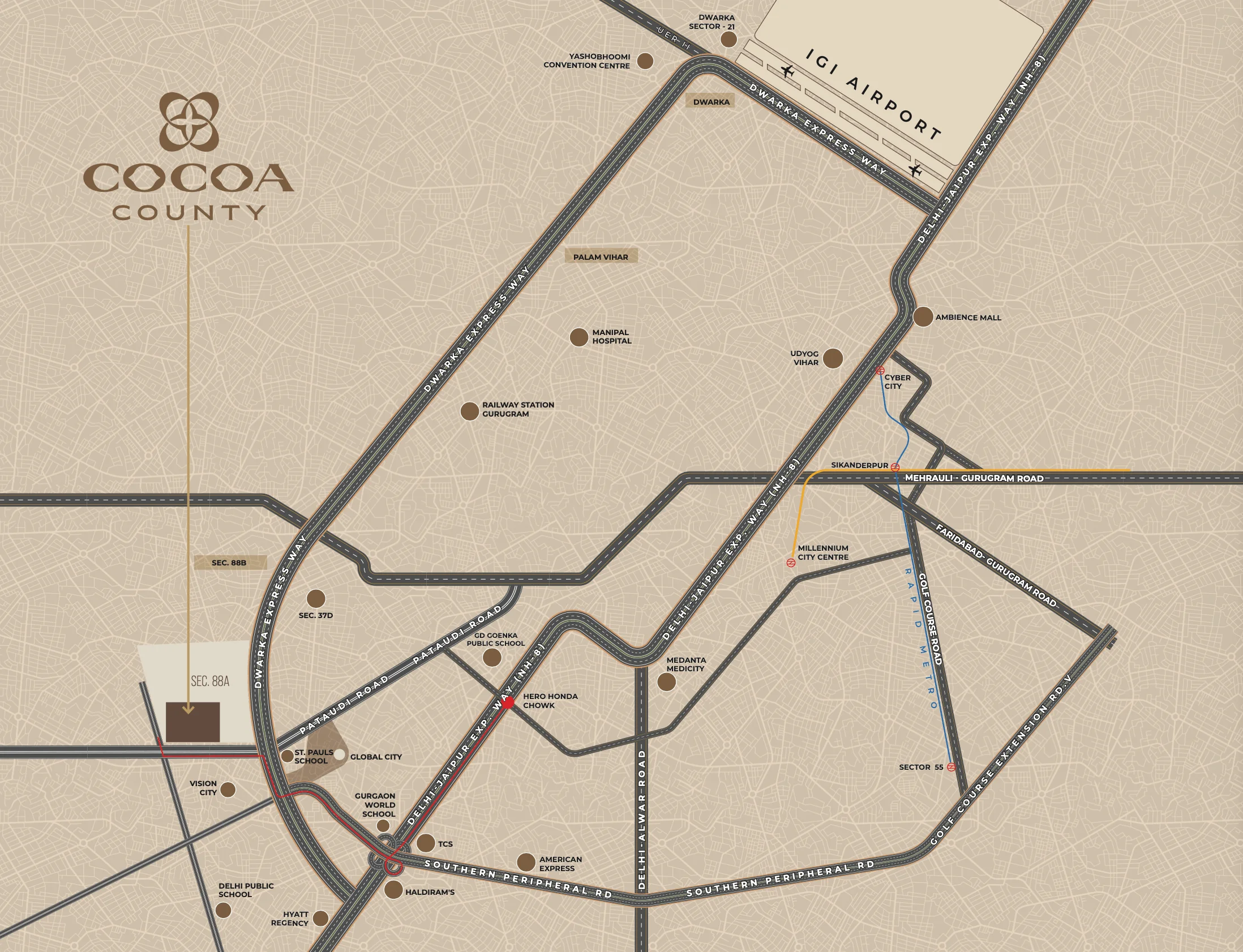 Location Map of Cocoa County Sector 88A Gurugram